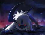  absol bright_pupils claws commentary likey no_humans outdoors pokemon pokemon_(creature) pokemon_focus red_eyes signature solo standing white_pupils 