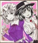  2girls :d ;d arm_belt belt black_belt black_hair black_hat bow cherry_blossoms closed_mouth collared_shirt commentary_request dress dutch_angle fedora hair_bow hajike_akira hat highres long_sleeves looking_at_viewer maribel_hearn marker_(medium) multiple_girls neck_ribbon necktie one_eye_closed purple_dress red_necktie red_ribbon ribbon shikishi shirt short_hair smile touhou traditional_media upper_body usami_renko white_bow white_shirt 