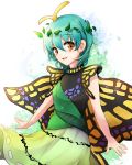  1girl antennae aqua_hair bangs black_shirt blush brown_eyes butterfly_wings dress eternity_larva eyebrows_visible_through_hair green_dress green_skirt hidden_star_in_four_seasons leaf leaf_on_head makotono_(makotono_00) multicolored multicolored_clothes multicolored_dress open_mouth shirt short_sleeves single_strap skirt smile solo touhou wings yellow_wings 