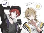  2boys :d ;d amagi_rinne arm_up black_collar black_gloves black_hat black_jacket blonde_hair blue_eyes bracelet brown_eyes collar commentary_request cosplay costume_switch earrings ensemble_stars! fur-trimmed_jacket fur_trim glint gloves hair_between_eyes hakaze_kaoru hand_on_own_hat hand_up hat highres holding holding_microphone idol_clothes jacket jewelry long_sleeves looking_at_viewer male_focus medium_hair microphone multiple_boys multiple_rings necklace one_eye_closed open_mouth parted_lips peaked_cap red_eyes ring shirt shure_55sh smile sparkle speech_bubble translation_request white_jacket white_shirt zetsubou_wo_okurou_ka 