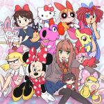  6+girls apple_bloom birdo black_cat blossom_(ppg) blue_eyes blue_ribbon blush_stickers bow broom broom_riding brown_hair button_eyes buttons cat cat_girl chris-thekid crossover doki_doki_literature_club dress english_commentary fairy fumo_(doll) green_eyes hair_ribbon hakurei_reimu helga_g_pataki hello_kitty_(character) hey_arnold! highres horse hug jiji_(majo_no_takkyuubin) kiki_(majo_no_takkyuubin) kirby_(series) majo_no_takkyuubin mario_(series) mickey_mouse_&amp;_friends minnie_mouse monika_(doki_doki_literature_club) multiple_girls my_little_pony my_little_pony:_friendship_is_magic official_style one_eye_closed orange_eyes orange_hair pink_bow pink_hair pokemon pokemon_(creature) polka_dot polka_dot_bow polka_dot_dress pony_(animal) ponytail powerpuff_girls ragatha_(the_amazing_digital_circus) ragdoll red_bow red_eyes red_ribbon ribbon ribbon_(kirby) sanrio short_twintails sweatdrop sylveon the_amazing_digital_circus touhou trait_connection twintails unibrow wendy_o._koopa white_bow witch yellow_fur 