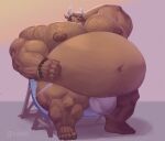  anthro arm_hair barazoku beard belly big_belly big_bulge big_muscles body_hair bovid bovine brown_body brown_fur bulge caasiaxort caazerenam cattle chair chest_hair clothing facial_hair fur furniture hi_res horn huge_belly huge_muscles jockstrap male mammal mature_male musclegut muscular nipples pecs solo underwear 
