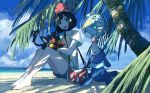  1girl bag bangs bare_legs barefoot beach beanie bird blue_eyes blue_sky blunt_bangs cat closed_eyes cloud cloudy_sky collarbone creature day floral_print gen_7_pokemon green_shorts handbag hat highres litten looking_to_the_side mizuki_(pokemon) ocean open_mouth outdoors owl palm_tree pippi_(pixiv_1922055) pokemon pokemon_(creature) pokemon_(game) pokemon_sm popplio red_headwear round_teeth rowlet shirt short_hair shorts sitting sky smile teeth tree water yellow_sclera yellow_shirt 