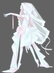  1other akiyama_mizuki arm_ribbon barefoot bow closed_eyes commentary dress dress_bow facing_to_the_side feathered_wings full_body grey_background hair_intakes hair_ribbon highres kiwii_dh low_wings no_mouth outstretched_arm pink_hair pink_ribbon project_sekai ribbon side_ponytail simple_background sleeveless sleeveless_dress solo tiptoes untranslatable_commentary veil white_dress white_ribbon white_veil white_wings wings 