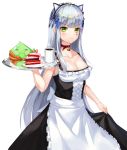  1girl apron bangs bell bell_collar blue_hair breasts cleavage collar collarbone girls_frontline green_eyes hk416_(girls_frontline) ihan long_hair looking_at_viewer maid maid_apron maid_dress solo tagme white_background 