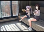  2girls ahoge black_hair book bow brown_eyes couch cup curtains drink hair_bow holding holding_book holding_cup ichijou_hotaru jitome letterboxed long_hair looking_at_viewer medium_hair miyauchi_renge multiple_girls non_non_biyori photo_background purple_hair railing reading red_eyes saucer shirt shorts sidarim sitting skirt slippers smile socks steam straight_hair striped striped_shirt t-shirt teacup tree twintails window yellow_bow 