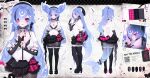  1girl absurdres bao_the_whale bao_the_whale_(rock_star) black_boots black_bow black_bra black_choker black_hat black_nails black_skirt black_sleeves blue_hair boots bow bra breasts cetacean_tail chain choker cleavage fins fish_tail fishnet_pantyhose fishnets from_behind from_side hair_ornament hair_over_one_eye hat heart heart_necklace high_heel_boots high_heels highres holding holding_microphone indie_virtual_youtuber jewelry lace lace_bra long_hair madi_(weeniedesu) medium_breasts microphone multiple_views necklace official_alternate_costume official_art pantyhose pink_eyes pink_skirt ponytail reference_sheet shirt skirt smile standing tail thigh_boots two-tone_skirt underwear virtual_youtuber whale_girl white_shirt 