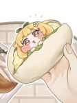  1girl blonde_hair bow chibi commentary_request egg_(food) egg_sandwich flower food green_bow hair_flower hair_ornament highres looking_at_viewer open_mouth sandwich trickcal yellow_eyes yomogi_hoyaya youngchun_(trickcal) 