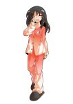  1girl alternate_costume black_hair black_slippers blush buttons closed_eyes collarbone commentary_request commission dairi facing_viewer full_body gradient_clothes gradient_pants gradient_shirt hair_between_eyes hakurei_reimu hand_up large_variant_set long_hair long_sleeves open_mouth pajamas pants red_pants red_shirt shirt simple_background skeb_commission slippers solo standing tachi-e touhou transparent_background variant_set 