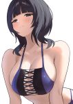  1girl absurdres asaka_karin black_eyes black_hair blunt_bangs blush breasts cleavage closed_mouth collarbone commentary_request highres large_breasts looking_at_viewer love_live! love_live!_nijigasaki_high_school_idol_club mole mole_on_collarbone seductive_smile short_hair simple_background skindentation smile solo upper_body white_background wolf_cut yuu_(shampoohatslime) 
