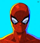  1boy animal_print aqua_background artist_logo artist_name bodysuit close-up closed_mouth commentary cropped_shoulders english_commentary headshot highres logo looking_at_viewer male_focus marvel mask portrait print_bodysuit raynerahman red_bodysuit simple_background solo spider-man spider-man_(original_suit) spider-man_(series) spider_print spider_web_print straight-on superhero_costume white_mask 