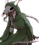  1girl absurdres akeesakee bandaged_arm bandaged_hand bandaged_leg bandages braid braided_ponytail closed_mouth commentary covered_eyes dagger dark-skinned_female dark_skin fake_horns finger_to_mouth foreshortening green_eyes green_robe grey_hair helmet highres holding holding_dagger holding_knife holding_weapon hood hood_up horned_helmet horns knife long_hair ponytail robe shushing side_slit simple_background skull-shaped_hat slay_the_spire solo standing the_silent_(slay_the_spire) untranslatable_commentary very_long_hair weapon white_background wide_sleeves 