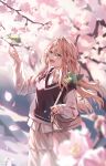  1girl animal aqua_eyes bag bird black_sweater_vest blonde_hair blurry blurry_background branch cherry_blossoms collared_shirt commentary_request cow day depth_of_field double-parted_bangs falling_petals flower green_bird hair_between_eyes handbag highres long_bangs long_hair long_sleeves looking_at_animal morigami_(morigami_no_yashiro) open_mouth original outdoors partially_unbuttoned petals pink_petals shirt shirttail skirt sleeve_cuffs sleeves_past_wrists smile solo spring_(season) standing straight_hair sweater_vest white_shirt white_skirt 