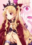  1girl :&lt; bangs belt between_breasts black_dress blonde_hair blush bow bracelet breasts cape closed_mouth detached_collar dress earrings ereshkigal_(fate/grand_order) fate/grand_order fate_(series) gold_trim gradient gradient_background hair_bow hand_on_own_cheek highres holding_hands hoop_earrings infinity jewelry long_hair looking_to_the_side matsuryuu multiple_views open_mouth parted_bangs pink_background red_bow red_cape red_eyes skull solo_focus spine tiara two_side_up wavy_mouth 