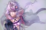  1girl black_jacket blurry commentary criss-cross_halter depth_of_field dress hair_ornament hair_tubes halterneck hand_on_own_chest jacket long_hair looking_at_viewer purple_dress purple_eyes purple_hair solo strapless strapless_dress tears tube_dress upper_body vocaloid voiceroid yamakawa_umi yuzuki_yukari 