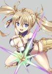  1girl bangs bare_shoulders bikini blonde_hair blue_bikini blue_eyes blush boots bradamante_(fate/grand_order) braid breasts cleavage crown_braid elbow_gloves energy_shield fate/grand_order fate_(series) faulds gloves grey_background hair_between_eyes hair_ornament knee_boots large_breasts long_hair looking_at_viewer open_mouth outstretched_arm simple_background smile solo swimsuit thigh_strap thighs twintails two-tone_bikini very_long_hair white_bikini xiafuizui 