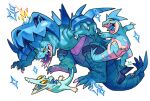  absurdres alternate_color arms_up black_sclera blue_tongue claws colored_sclera colored_tongue commentary croconaw english_commentary evolutionary_line feraligatr highres mega_feraligatr mega_pokemon official_alternate_color open_mouth outstretched_arm pokemon pokemon_(creature) pokemon_focus railroadlion red_eyes sharp_teeth shiny_pokemon simple_background sparkle spines teeth tongue totodile white_background yellow_eyes yellow_sclera 