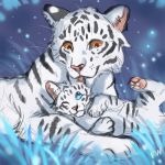  1:1 2020 blue_eyes digital_media_(artwork) duo felid feral flashlioness fur mammal orange_eyes pantherine smile tiger white_body white_fur young 