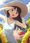  1girl adjusting_clothes adjusting_headwear blue_sky blush brown_eyes brown_hair camera camera_around_neck cloud commentary_request day dress field flower flower_field hand_up hat highres kagari_ds long_hair looking_at_viewer open_mouth original outdoors sky sleeveless sleeveless_dress solo sun_hat sunflower sunflower_field sweatdrop teeth upper_body upper_teeth_only white_dress 