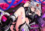  1girl absurdres animal_ears asymmetrical_legwear black_choker black_hair black_nails black_shirt black_thighhighs blush breasts choker claw_pose cleavage closed_mouth commentary_request commission couch crop_top flower frilled_skirt frills grey_hair hair_between_eyes hair_flower hair_ornament highres indie_virtual_youtuber jacket long_hair long_sleeves looking_at_viewer lying medium_breasts midriff miniskirt multicolored_hair nail_polish on_back petals purple_jacket red_eyes school_uniform serafuku shirt shoes single_sock single_thighhigh skeb_commission skirt socks solo streaked_hair tail tail_ornament thigh_strap thighhighs thighs tiger_ears tiger_girl tiger_tail virtual_youtuber white_socks yuito_(yuitokobunasbs0) 