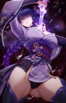  1girl absurdres ass_visible_through_thighs braid breasts cleavage english_commentary english_text genshin_impact highres japanese_clothes kimono large_breasts long_hair looking_at_viewer low-braided_long_hair low-tied_long_hair myeu parted_lips purple_eyes purple_hair purple_kimono raiden_shogun solo standing thighs very_long_braid 