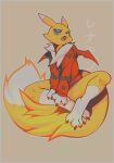  1girl androgynous angiewolf animal_ears animal_nose artist_name bare_legs blue_eyes border brown_background clawed_feet colored_sclera digimon facial_mark fewer_digits fingernails full_body furry furry_female grey_sclera grey_trim hood hoodie looking_to_the_side multicolored_fur naked_hoodie open_mouth red_hoodie red_wings renamon sharp_fingernails sharp_toenails simple_background tail toe_claws toenails tongue two-tone_fur white_border white_fur wings yellow_fur yellow_tail 