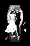 1boy 1girl angel angel_devil's_lover angel_devil_(chainsaw_man) angel_wings barefoot belt belt_buckle black_background blazer breasts buckle chainsaw_man coffin collared_shirt commentary_request covered_eyes curled_fingers dark-skinned_female dark_skin dress dress_shirt empty_eyes expressionless falling_feathers feathered_wings feathers from_above full_body greyscale hair_over_eyes hair_spread_out halo halo_removed hand_grab hand_on_another's_headwear head_on_another's_shoulder hetero highres in_coffin jacket lapels long_dress looking_ahead lying medium_hair monochrome necktie on_back pants parted_lips shirt shoes short_hair short_sleeves side-by-side simple_background single_shoe small_breasts sneakers socks suit unworn_shoes washijayowashi0 wing_collar wings 
