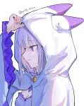  1girl adjusting_hood animal_ears animal_hood artist_name blue_sclera blunt_bangs breasts cleavage cloak colored_sclera commentary_request detached_collar dress emilia_(re:zero) fake_animal_ears highres hood long_hair miffy201011 purple_eyes re:zero_kara_hajimeru_isekai_seikatsu sidelocks simple_background solo sweatdrop white_background white_cloak white_dress white_hair 