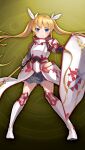  1girl armor armored_boots blue_eyes boots full_body game_asset grey_skirt grimms_notes holding holding_shield holding_weapon legs_apart long_hair looking_at_viewer non-web_source official_art rinya_milkov_(grimms_notes) shield skirt solo standing thick_eyebrows tokumaro weapon white_armor yellow_background 