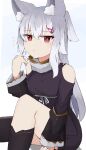  1girl absurdres animal_ear_fluff animal_ears asymmetrical_legwear bare_shoulders black_dress black_thighhighs blue_background blush breasts closed_mouth clothing_cutout commentary_request dress feet_out_of_frame grey_hair hair_between_eyes hair_ornament hairclip hand_up highres long_hair long_sleeves looking_at_viewer medium_breasts multicolored_hair nyaha original ponytail red_eyes shoulder_cutout single_sock single_thighhigh sitting socks solo streaked_hair thighhighs twirling_hair very_long_hair white_hair x_hair_ornament 