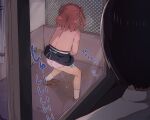  1boy 1girl alley ass black_skirt brown_hair brown_jacket brown_shoes clothes_lift commentary_request from_behind from_inside gakuen_idolmaster hanami_saki heart highres idolmaster jacket loafers long_sleeves looking_at_another looking_through_window medium_hair panties pee pee_puddle peeing pov public_urination school_uniform seneto shoes skirt skirt_lift socks solo_focus sound_effects two_side_up underwear voyeurism white_panties white_socks window 