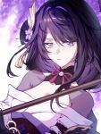  1girl commentary fleuwoods flower genshin_impact hair_flower hair_ornament highres japanese_clothes kimono looking_at_viewer mole mole_under_eye obi obiage purple_eyes purple_hair purple_kimono raiden_shogun sash shrug_(clothing) solo upper_body 
