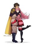 1boy 1girl artist_name black_boots boots brown_hair claude_von_riegan claude_von_riegan_(timeskip) closed_eyes closed_mouth commentary dark-skinned_male dark_skin earrings english_commentary fire_emblem fire_emblem:_three_houses gold_cape grabbing_another's_ass groping hetero high_collar high_heel_boots high_heels hilda_valentine_goneril hilda_valentine_goneril_(timeskip) hug jewelry leg_up long_hair official_alternate_costume pink_hair rein_creamsoda simple_background smile standing standing_on_one_leg tiptoes twitter_username white_background 