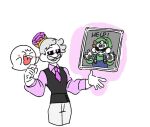  2022 accessory ambiguous_gender amethyst_(gem) arms_bent bam_ml black_clothing black_eyebrows black_eyes black_facial_hair black_mustache black_sclera black_topwear black_vest blue_clothing blue_overalls blush blush_lines boo_(mario) brown_hair button_(fastener) clothed clothed_human clothed_humanoid clothed_male clothing crown dialogue digital_drawing_(artwork) digital_media_(artwork) english_text exclamation_point eyebrows eyes_closed facial_hair featureless_arms flat_colors flying fully_clothed fully_clothed_human fully_clothed_humanoid fully_clothed_male gem gloves green_clothing green_hat green_headwear green_shirt green_topwear grey_facial_hair grey_hair grey_mustache group hair handwear hat headgear headwear human humanoid humanoidized king king_boo korean_description larger_humanoid larger_male legless looking_at_viewer luigi luigi's_mansion magic magic_user male male_human male_humanoid mammal mario_bros mustache necktie nintendo noseless not_furry nude_ambiguous overalls painting_(object) pink_tongue pupils purple_clothing purple_dress_shirt purple_eyes purple_necktie purple_topwear royalty shirt short_hair simple_background size_difference smaller_ambiguous smile smiling_at_viewer standing tail text tongue tongue_out toothy_smile topwear trapped trio vest white_background white_body white_clothing white_gloves white_handwear white_pupils white_skin white_tail yelling 