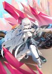  1girl absurdres aiming breasts bronya_zaychik bronya_zaychik_(silverwing:_n-ex) clenched_teeth commentary crystal dress grey_eyes grey_hair gun highres holding holding_gun holding_weapon honkai_(series) honkai_impact_3rd kimi_craze long_hair medium_breasts motor_vehicle motorcycle project_bunny solo squatting teeth thighhighs very_long_hair weapon white_dress white_thighhighs 
