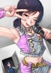  2girls absurdres belt blue_hair brown_eyes collarbone collared_vest commentary cosplay cross cross_necklace earrings fingernails glint gold_belt highres hold111 holding holding_microphone idolmaster idolmaster_(classic) indoors jewelry kisaragi_chigusa kisaragi_chihaya kisaragi_chihaya_(cosplay) looking_at_viewer luxury_(idolmaster) mature_female microphone midriff mother_and_child mother_and_daughter multiple_girls navel necklace one_eye_closed open_mouth opening_door parent_and_child pink_diamond_765_(idolmaster) pink_skirt pink_vest pink_wrist_cuffs skirt smile standing stud_earrings untranslatable_commentary v v_over_eye vest wrist_cuffs 