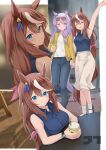  2girls absurdres adjusting_eyewear aged_up alternate_breast_size_(larger) animal_ears ankle_socks arm_up armpits artist_logo black_shirt blue_eyes bow breasts brown_hair brown_tail closed_eyes commentary_request cup denim ear_bow ear_ornament hair_between_eyes hair_down highres holding holding_cup holding_hands horse_ears horse_girl jacket jeans jtleeklm large_breasts logo long_hair long_sleeves looking_at_viewer mejiro_mcqueen_(umamusume) multicolored_hair multiple_girls multiple_views open_clothes open_jacket outline pants purple_eyes purple_hair purple_tail shirt sitting skirt sleeveless sleeveless_shirt socks standing streaked_hair tokai_teio_(umamusume) umamusume watch white_outline white_shirt white_skirt white_socks white_streaks wristwatch yellow_jacket 