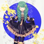  1girl boots bow closed_eyes crml_orng dress drill_hair fire_emblem fire_emblem:_three_houses flayn_(fire_emblem) flower green_hair grey_background hair_ornament hairclip highres long_hair open_mouth pantyhose solo 