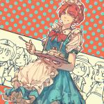 5girls anchor_print apron blue_dress bow bowtie cake collared_dress commentary cowboy_shot cross_hair_ornament dress english_commentary food food_on_face fruit hair_ornament hat highres holding holding_plate holding_spoon kitashirakawa_chiyuri maid maid_headdress maribel_hearn medium_hair mob_cap multiple_girls okazaki_yumemi plate polka_dot polka_dot_background red_background red_eyes red_hair ruukoto sailor_collar sailor_hat short_hair short_sleeves solo_focus spoon strawberry touhou touhou_(pc-98) usami_renko waist_apron zsefvgy 