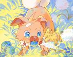  berry_(pokemon) blue_eyes dandelion_seed eye_contact food_in_mouth grass highres joltik looking_at_another no_humans oran_berry pokemon pokemon_(creature) pokemon_focus rockruff seta629211 static_electricity 