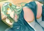  1girl all_fours ass bangs bent_over blush commentary_request eyebrows_visible_through_hair fate/grand_order fate_(series) highres horns japanese_clothes kimono kiyohime_(fate/grand_order) long_hair looking_at_viewer morizono_shiki smile solo thighhighs white_legwear yellow_eyes 