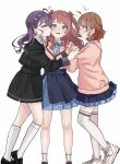  3girls ahoge anger_vein arguing black_jacket black_overskirt black_shoes black_skirt blue_eyes blue_ribbon blue_skirt blush braid brown_hair cardigan closed_mouth commentary cropped_jacket full_body gakuen_idolmaster gokugetsu_gakuen_school_uniform gradient_hair half-closed_eyes hanami_saki hanami_ume hatsuboshi_gakuen_school_uniform heart highres holding_hands idolmaster interlocked_fingers jacket kaya_rinha kneehighs kurodaomusubi medium_hair miniskirt multicolored_hair multiple_girls neck_ribbon open_mouth parted_lips pink_cardigan pink_jacket pleated_skirt purple_eyes purple_hair ribbon school_uniform scowl shirt shoes short_hair siblings sidelocks simple_background sisters skirt smirk smug sneakers socks standing sweat sweatdrop thighhighs twintails two-tone_hair two_side_up v-shaped_eyebrows white_background white_shirt white_socks white_thighhighs yellow_shoes yuri 