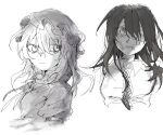  2girls bandaid bandaid_on_face black_hair bow collar collared_shirt commentary dated_commentary dress frilled_collar frills greyscale hair_between_eyes hair_bow hat highres long_hair maribel_hearn missing_headwear mob_cap monochrome multiple_girls neck_ribbon necktie oriharareimu ribbon shirt sketch sleeve_garter touhou usami_renko white_background 