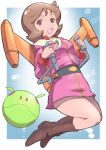  1girl :d absurdres belt black_belt blurry bokeh boots brown_boots brown_eyes brown_hair collar collared_dress commentary_request depth_of_field dress earth_federation fraw_bow freckles gundam haro high-waist_belt highres holding jacket jetpack k_katora knee_boots long_sleeves looking_at_viewer military_uniform mobile_suit_gundam neckerchief open_mouth pink_dress pink_jacket red_collar red_sleeves short_dress smile white_neckerchief 