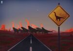  2026 ambiguous_gender back_spines blue_sky brachiosaurid brachiosaurus caution_sign crossing_sign darknesus day desert detailed_background digital_media_(artwork) digital_painting_(artwork) dinosaur feral grass group hi_res long_neck looking_at_another macronarian mesa_(landscape) mountain orange_body painting_(artwork) plant plantigrade prehistoric_species quadruped reptile road saurischian sauropod sauropodomorph scalie shaded sign signature sky soft_shading star sunset tail tapering_tail thick_tail walking 