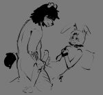  2026 anthro arm_hair black_hair blush blush_lines body_hair butt canid canine canis cuff_(restraint) digital_drawing_(artwork) digital_media_(artwork) domestic_dog duo ear_piercing facial_piercing floppy_ears forearm_hair forearms genitals glans greyscale hair hair_over_eyes handcuffed handcuffs hi_res lagomorph leporid long_ears male male/male mammal metal_cuffs monochrome nose_piercing nose_ring nude_anthro nude_male pekorelle penis penis_size_difference piercing pillow rabbit restraints ring_piercing size_difference sketch tail 