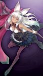  1girl animal_ears breasts cleavage copyright_notice dark-skinned_female dark_skin full_body game_asset grimms_notes grin high_heels holding holding_staff holding_weapon knife knife_sheath leg_up long_hair luna_lia march_hare_(grimms_notes) march_hare_(original)_(grimms_notes) non-web_source official_art pantyhose pink_eyes pink_ribbon purple_background purple_pantyhose rabbit_ears ribbon sheath skirt smile solo staff weapon white_hair 