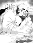  2020 anthro bed belly blush clothing condom domestic_pig eyewear furniture glasses hi_res humanoid_hands kemono male mammal monochrome moobs nipples overweight overweight_male sex_toy shintatokoro shirt solo suid suina sus_(pig) topwear 