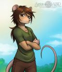  2018 abluedeer anthro brown_body brown_fur brown_hair clothed clothing crossed_arms felldewan fur hair hi_res male mammal mouse murid murine rodent solo whiskers 