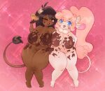  2023 animal_humanoid belly big_breasts blue_eyes bovid bovid_humanoid bovine bovine_humanoid breasts brown_eyes brown_hair cattle_humanoid dark_body dark_skin duo eyelashes female female/female glint hair hand_on_hip heart_symbol hi_res horn humanoid light_body light_skin lips mammal mammal_humanoid mud muddy navel nipples nude one_eye_closed pink_background pink_hair ponytail ruff shgrcube simple_background tail thick_lips thick_thighs 